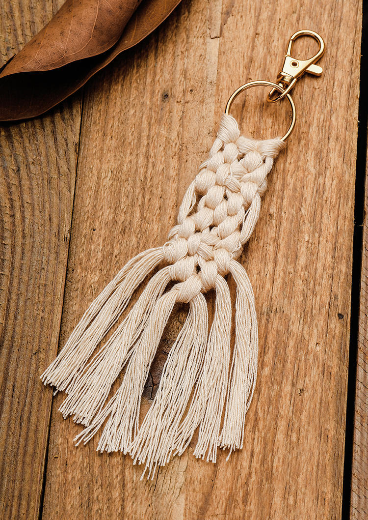 

Bohemian Tassel Macrame Woven Keychain, Beige, SCM003131