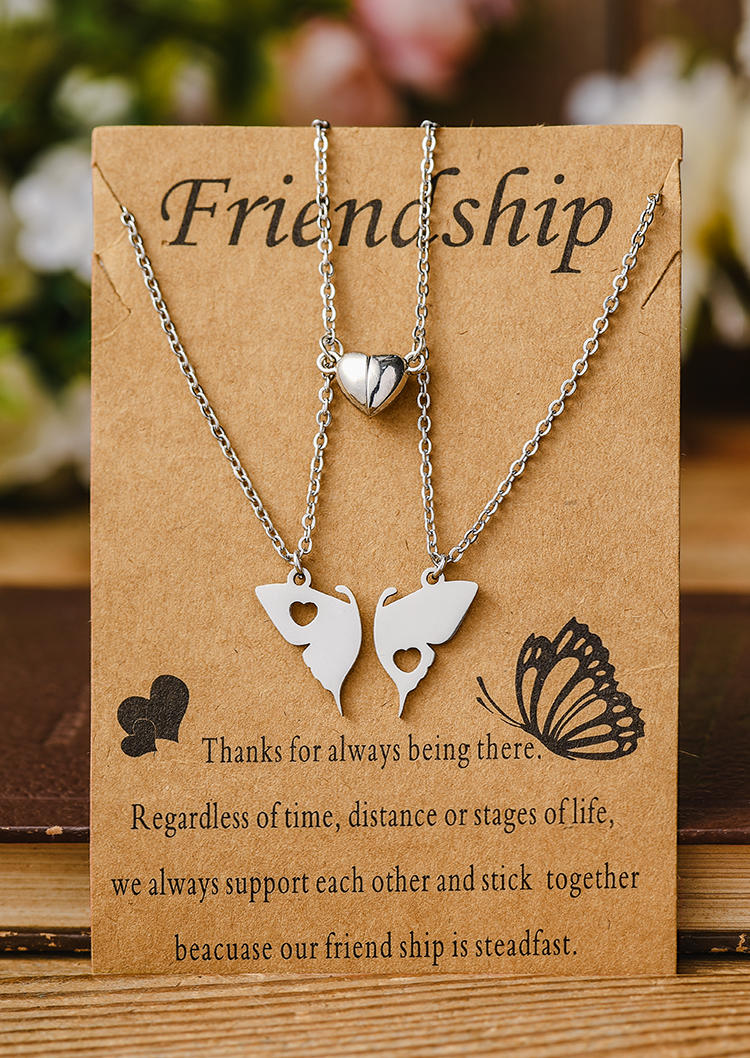

2Pcs Butterfly Magnet Heart Friendship Necklace, Silver, SCM003170