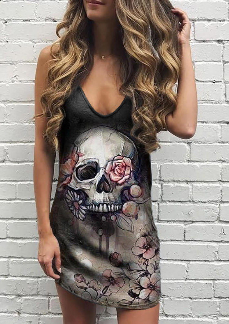 

Skull Floral Sleeveless Mini Dress - Black, SCM003211