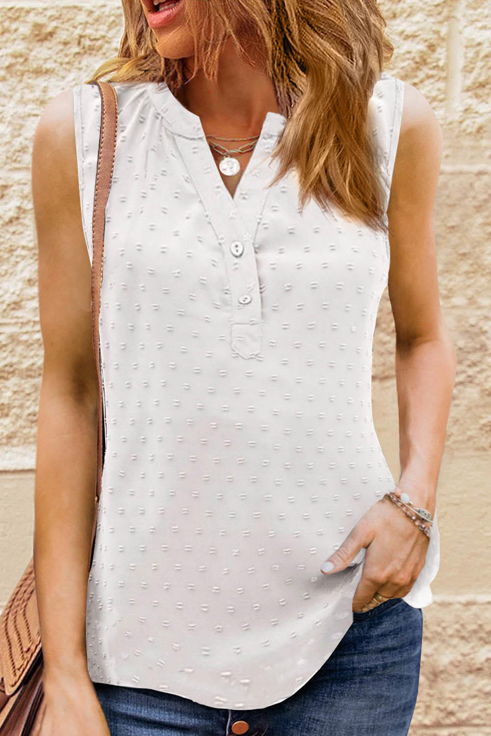 

Dotted Swiss Button Notched Neck Tank - White, 534773