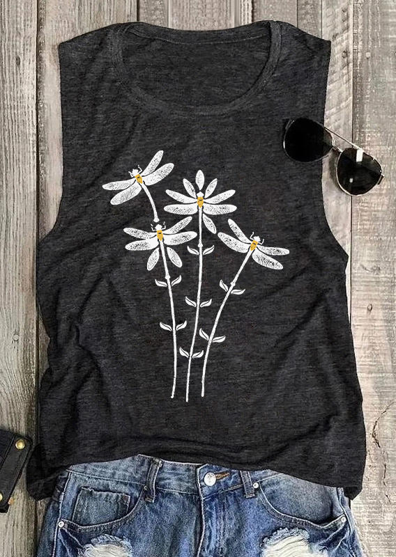 

Dragonfly Floral O-Neck Tank - Dark Grey, Gray, 537417