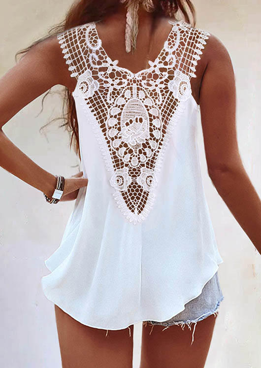 

Lace Splicing Ruffled Tank - White, SCM002708