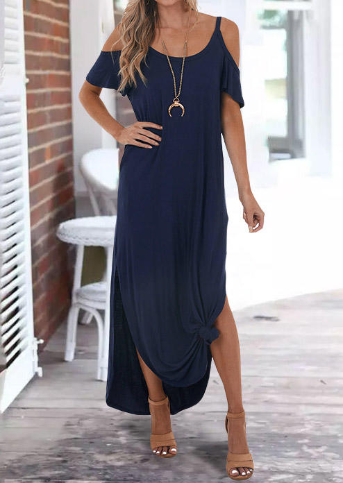 

Pocket Split Cold Shoulder Maxi Dresses - Navy Blue, SCM002847