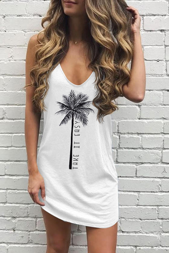 

Take It Easy Coconut Tree Sleeveless Mini Dress - White, SCM002930