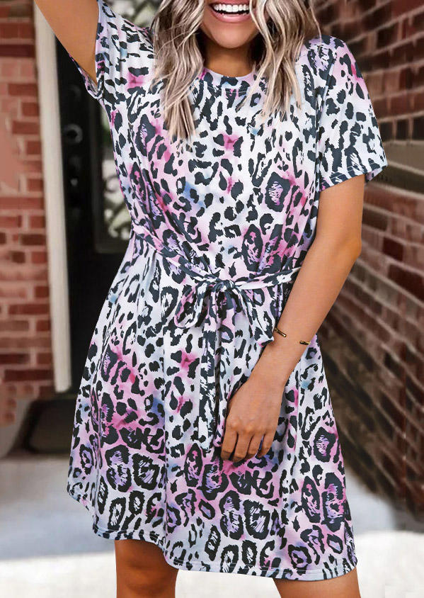 Colorful Leopard O-Neck Mini Dress