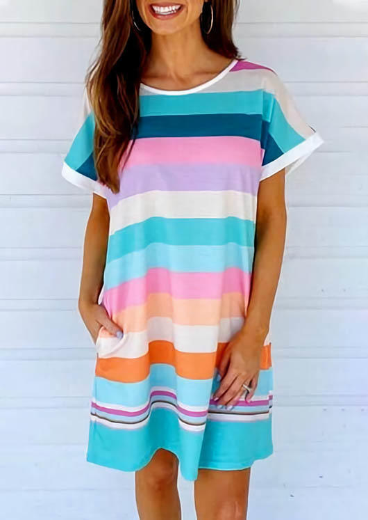 

Colorful Striped Pocket O-Neck Mini Dress, Multicolor, SCM003222