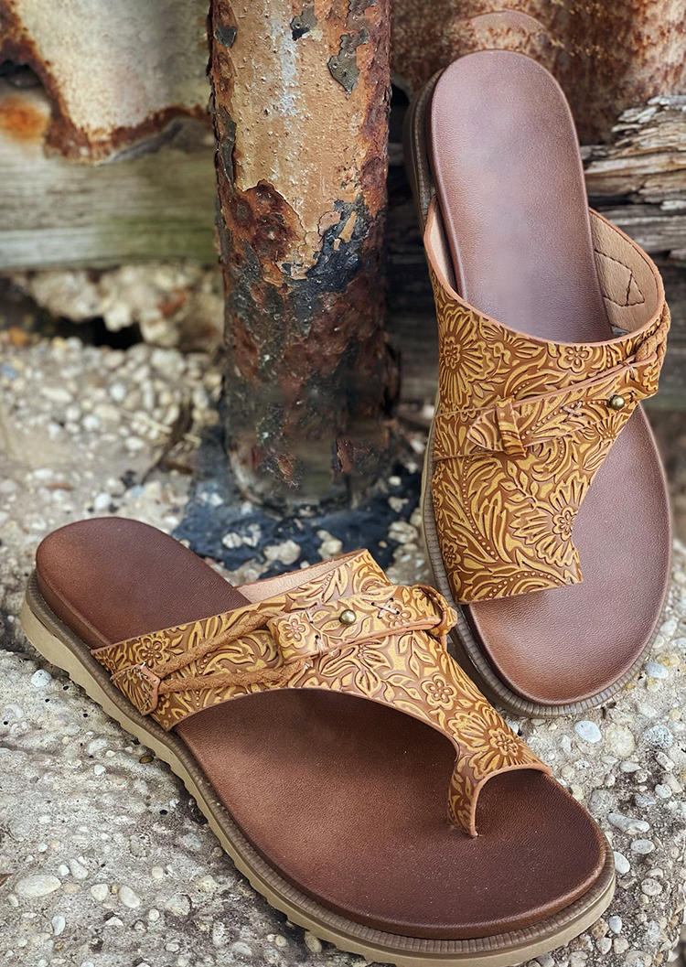 

Floral Tooled Pattern Toe Ring Flat Slippers - Light Brown, SCM003401