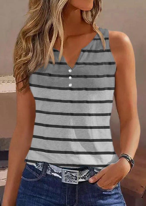 

Striped Button Notched Neck Tank - Gray, SCM003531