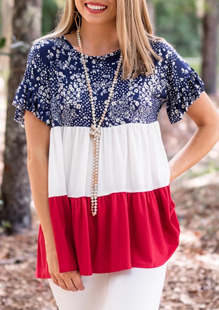 

Floral Color Block Ruffled O-Neck Blouse, Multicolor, SCM003569