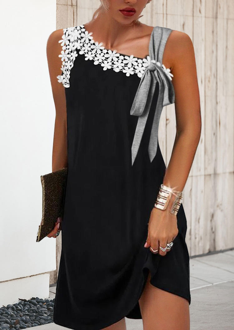 

Lace Splicing Asymmetrical Strap Tie Mini Dress - Black, SCM002102