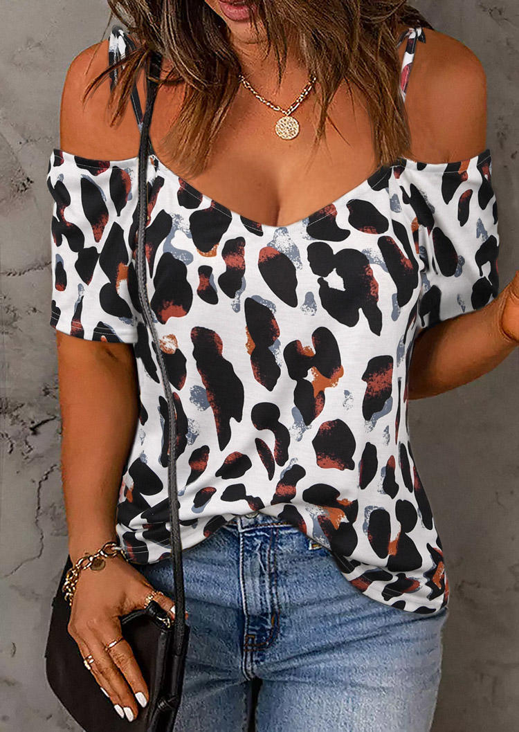 

Leopard Cold Shoulder Spaghetti Strap Blouse, Multicolor, SCM002603