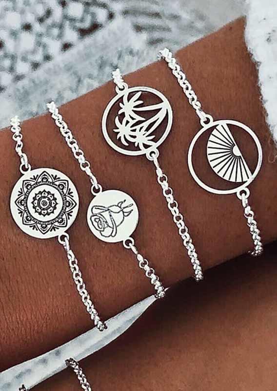 

4Pcs Coconut Tree Rose Hollow Out Bracelet Set, Silver, SCM003130