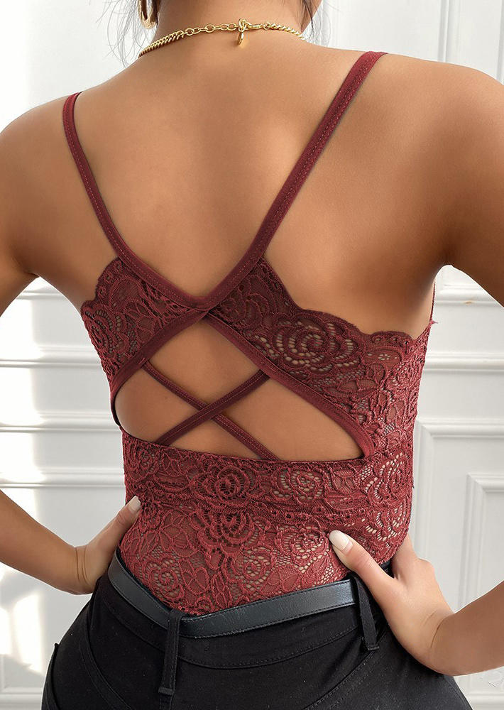 

Lace Splicing Criss-Cross Hollow Out Camisole - Burgundy, Red, SCM003319