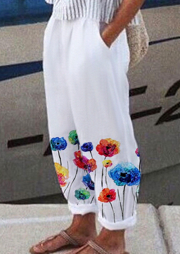 

Colorful Floral Pocket Elastic Waist Pants - White, SCM003324