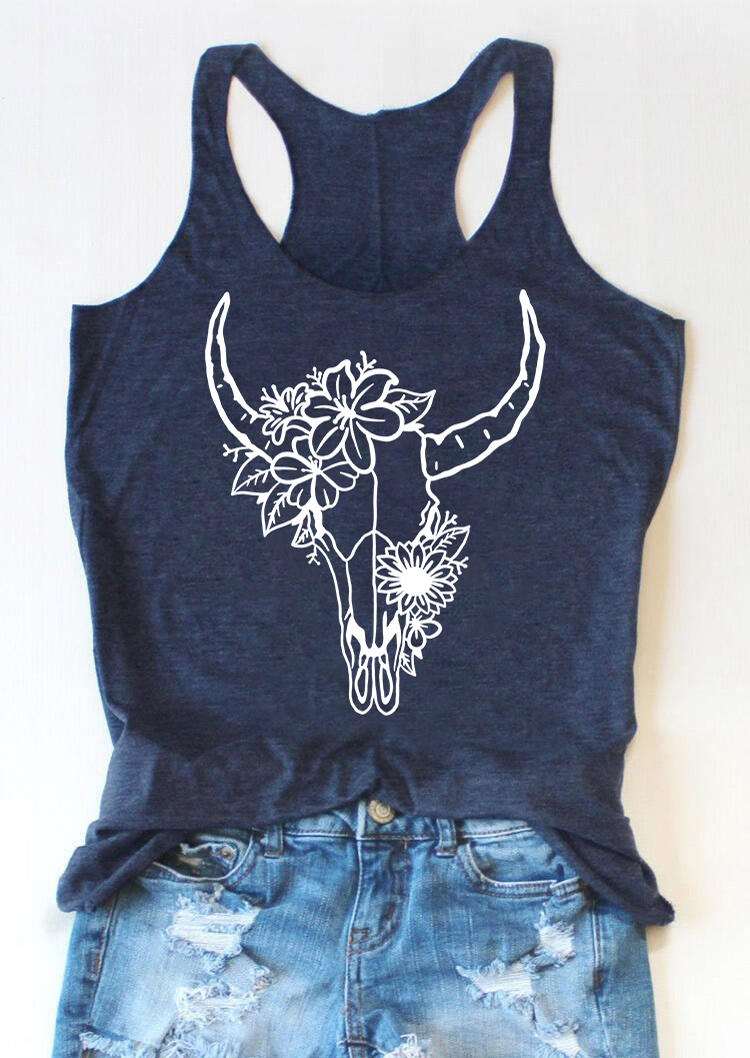 

Steer Skull Floral O-Neck Racerback Tank - Navy Blue, SCM003391