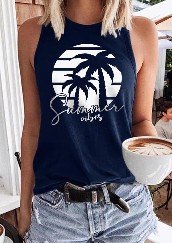 

Summer Vibes Coconut Tree O-Neck Tank - Navy Blue, SCM003392