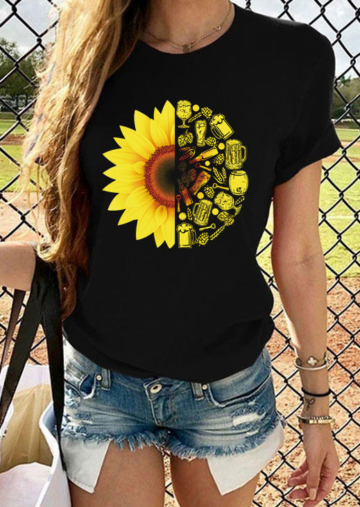 Sunflower Drink O-Neck T-Shirt Tee - Black, SCM003394