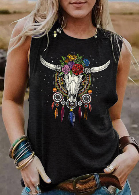 

Steer Skull Dreamcatcher Feather Floral Tank - Black, SCM003560