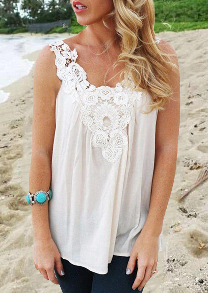 Lace Splicing Open Back Casual Tank - White, SCM002451