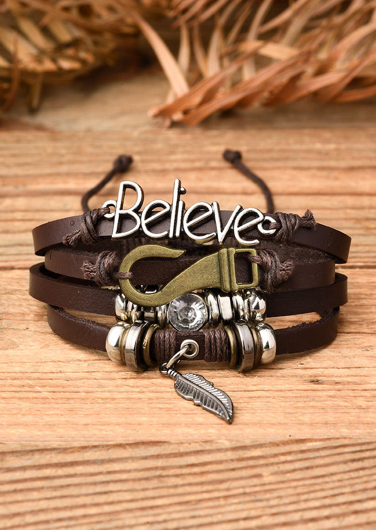 

Believe Feather Hook Multi-Layered Leather Bracelet, Multicolor, SCM002722