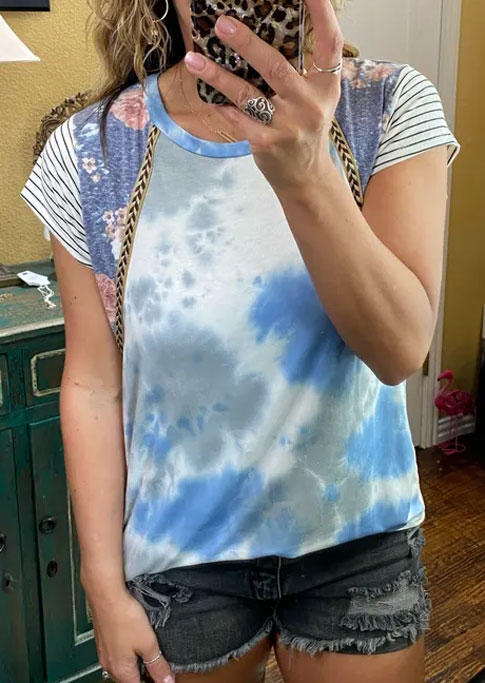Tie Dye Floral Striped Casual Blouse