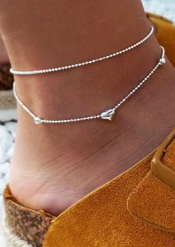 

Love Heart Dual-Layered Alloy Anklet, Silver, SCM003465