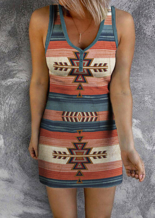 

Aztec Geometric Snap Button Mini Dress, Multicolor, SCM002953