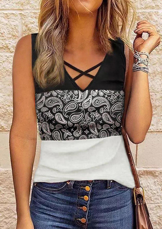 

Paisley Criss-Cross Color Block Casual Tank, Multicolor, SCM002978