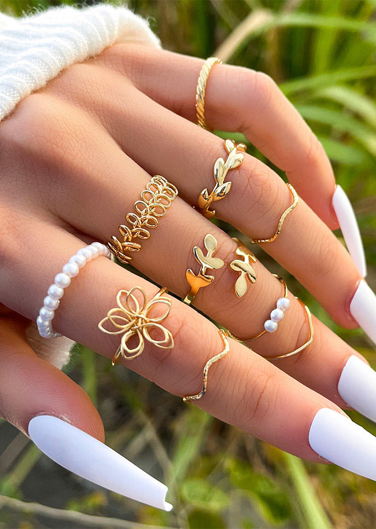 

10Pcs Floral Beading Leaf Hollow Out Alloy Ring Set, Gold, SCM003444