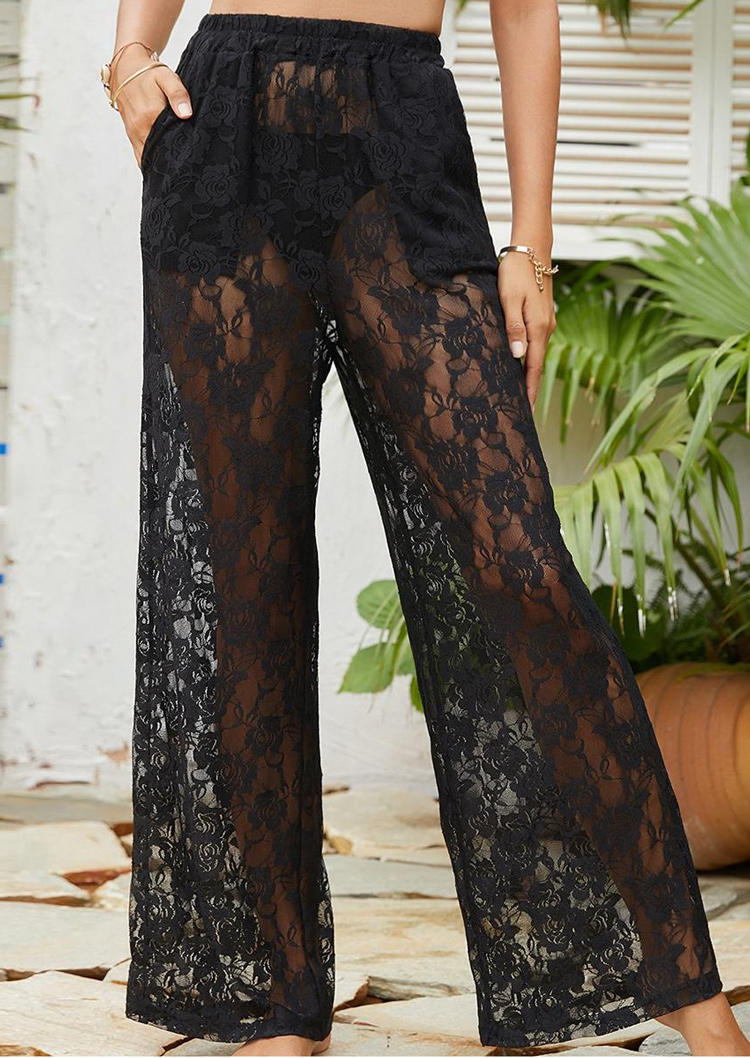 

Lace Splicing Pocket Beach Wide Leg Pants - Black, SCM003450