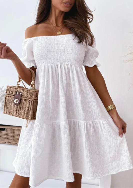 

Ruffled Smocked Off Shoulder Mini Dress - White, SCM003453