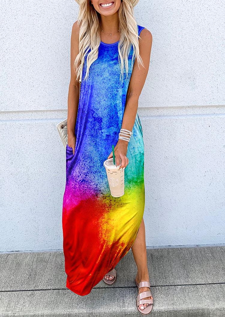 

Gradient Pocket Slit Sleeveless Maxi Dress, Multicolor, SCM003469