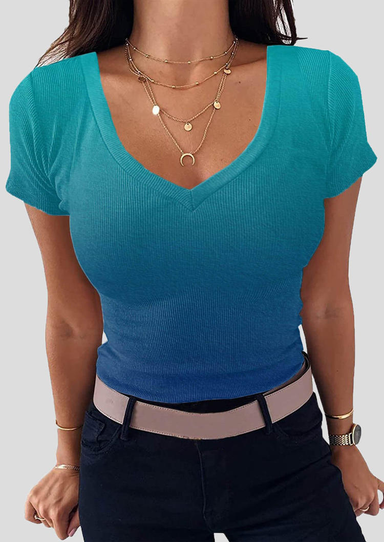 

Gradient Short Sleeve Casual Blouse - Cyan, SCM003489