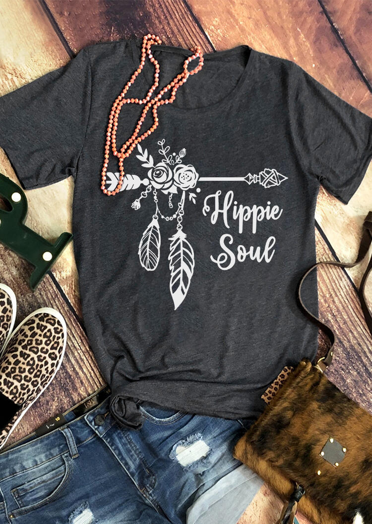 

Hippie Soul Arrow Floral T-Shirt Tee - Dark Grey, Gray, SCM003504