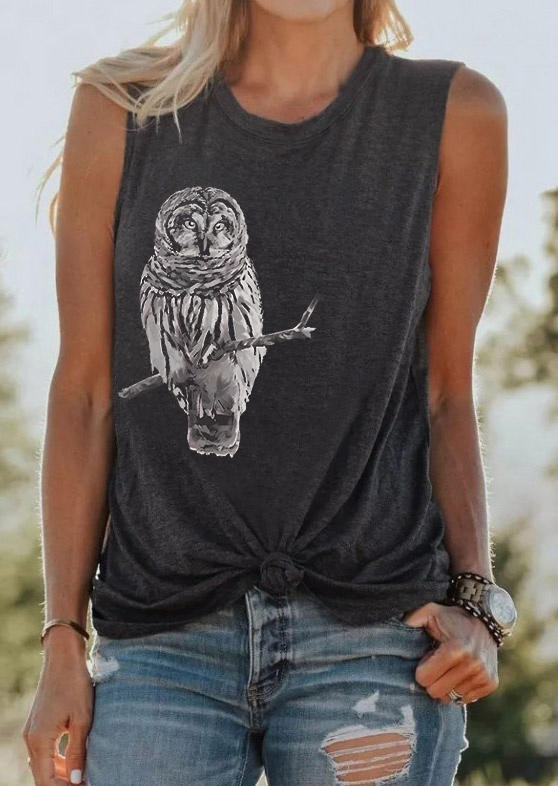 

Owl O-Neck Casual Tank - Dark Grey, Gray, SCM003510