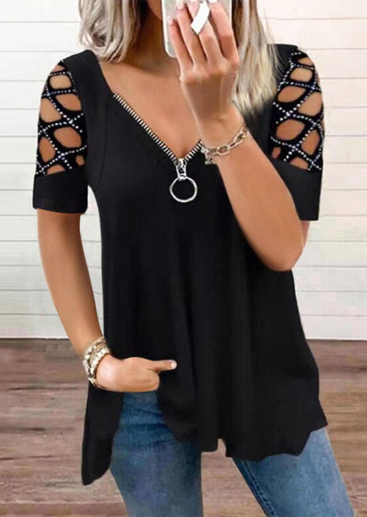 

Rhinestone Hollow Out Zipper Blouse - Black, SCM003513
