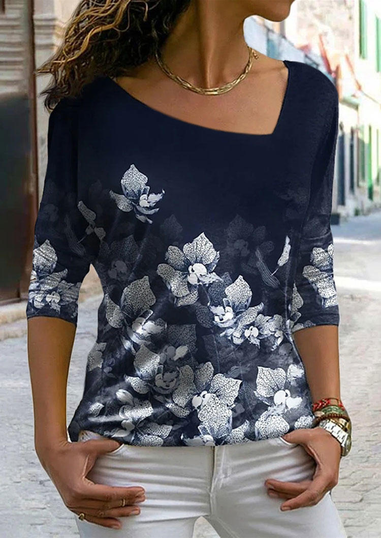 

Floral Long Sleeve Casual Blouse - Navy Blue, SCM003546