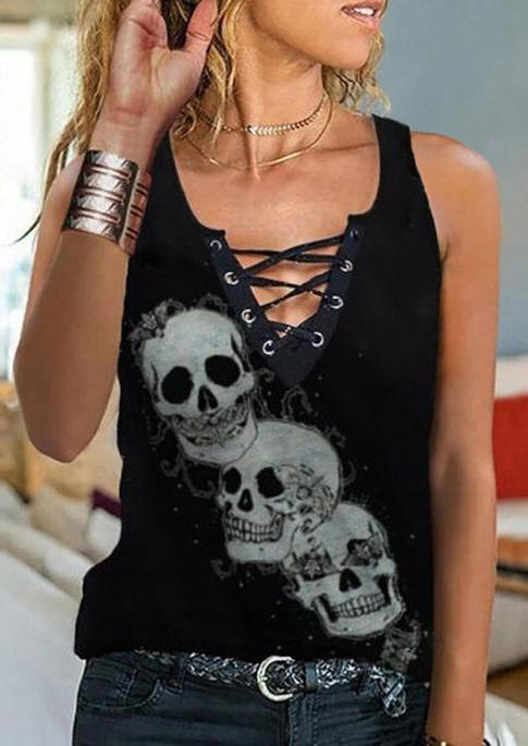 

Lace Up Skull Casual Tank - Black, SCM003573