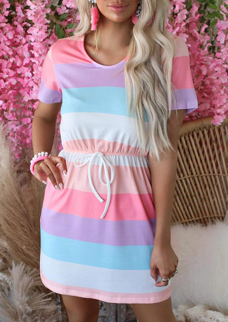

Colorful Striped Tie Short Sleeve Mini Dress, Multicolor, SCM003580