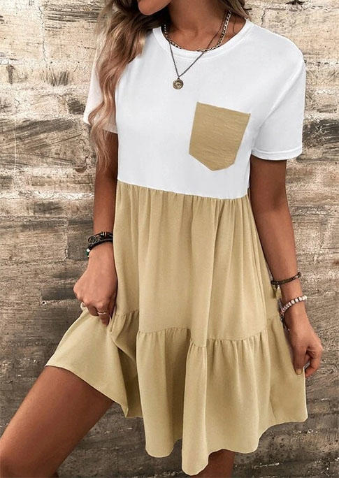 

Color Block Pocket Ruffled Short Sleeve Mini Dress, Multicolor, SCM003588