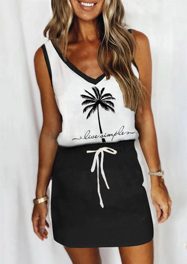 

Live Simple Coconut Tree Tie V-Neck Mini Dress - Black, SCM003589
