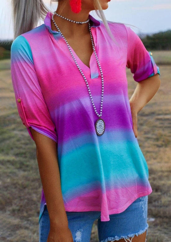 

Tie Dye Button Tab-Sleeve V-Neck Blouse, Multicolor, SCM003604