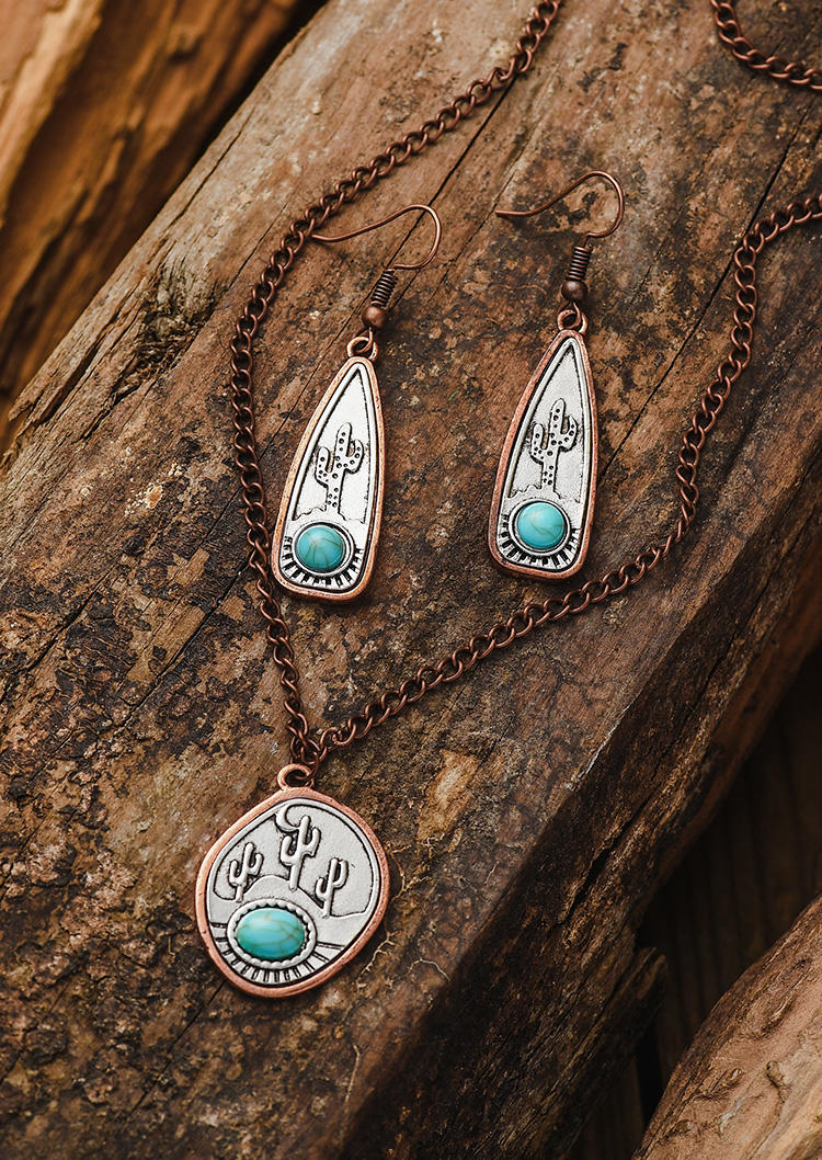 

3Pcs Turquoise Cactus Necklace And Earrings Set, Multicolor, SCM003160