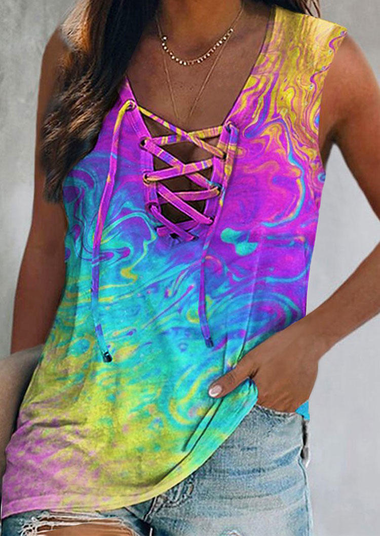 

Tie Dye Lace Up Casual Tank, Multicolor, SCM003183