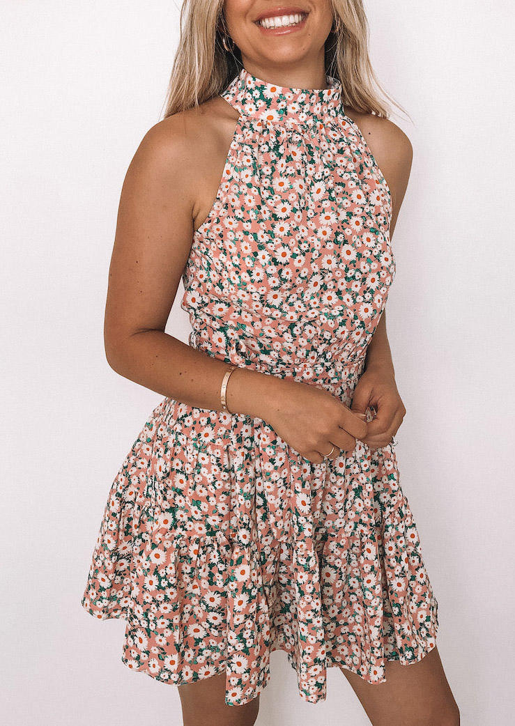 

Daisy Ruffled Zipper Halter Sleeveless Mini Dress, Multicolor, SCM003365