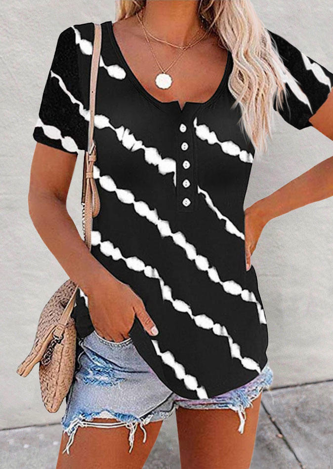 

Striped Button Short Sleeve Blouse - Black, SCM003603
