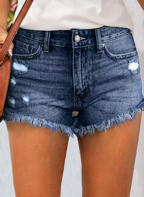 

Pocket Button Frayed Hem Denim Shorts - Deep Blue, SCM002858