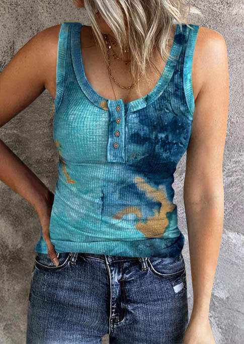 

Tie Dye Button Ribbed O-Neck Tank - Blue, SCM003281