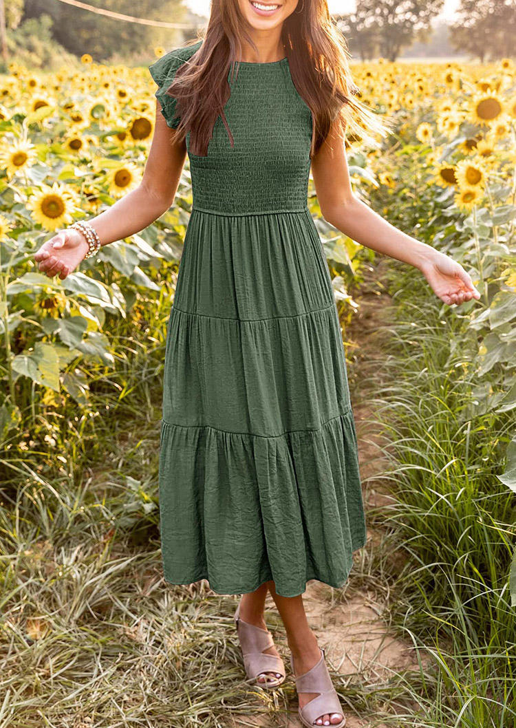 Ruffled Hollow Out Smocked O-Neck Maxi Dress - Army Green
