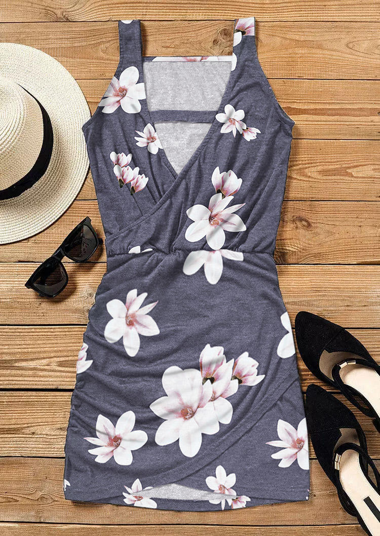 Floral Keyhole Neck Sleeveless Mini Dress - Gray